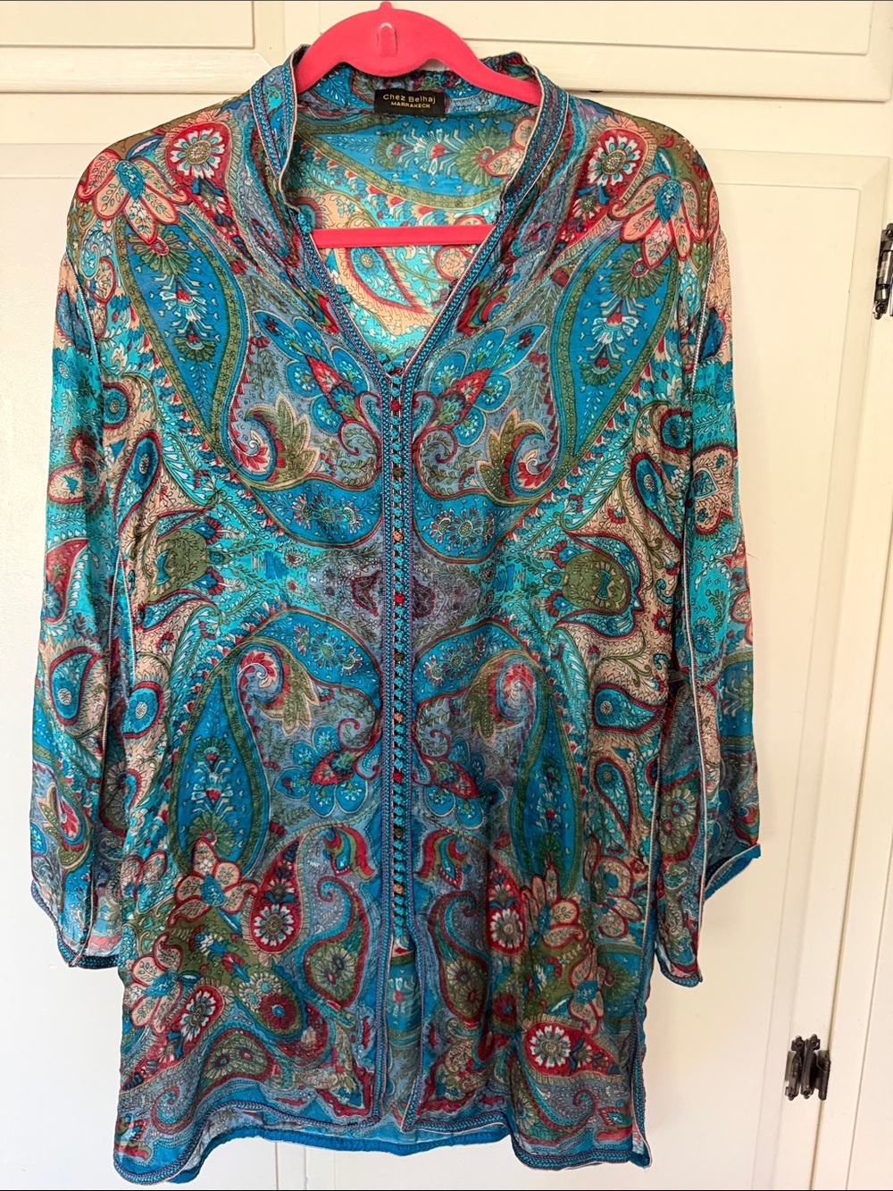 Chez Belhaj Marrakech Print Kaftan Turquoise Paisley Tunic Top